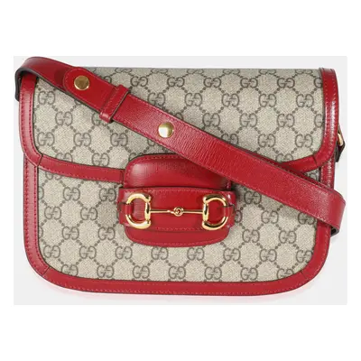 Gucci Red Calfskin Beige GG Supreme Canvas Horsebit Shoulder Bag