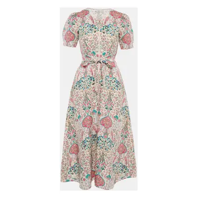 Sandro White/Pink Irya Floral Print Linen Blend Midi Dress