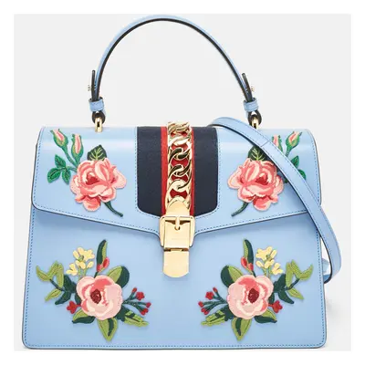 Gucci Blue Leather Floral Embroidered Sylvie Top Handle Bag