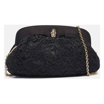 Dolce & Gabbana Black Lace and Satin Turnlock Frame Chain Clutch