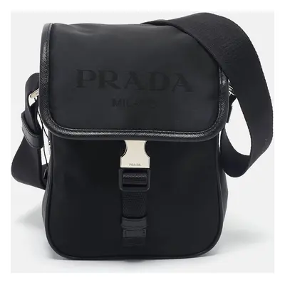 Prada Black Leather and Re-Nylon Flap Messenger Bag