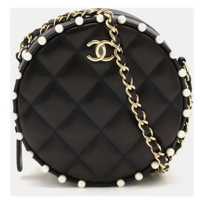 Chanel Black Leather Faux Pearl Round Chain Shoulder Bag