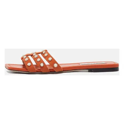 Jimmy Choo Orange Suede Pearl Embellished Hazal Flat Sandals Size