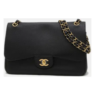 Chanel Black Caviar Leather Double Flap Chain Shoulder Bag