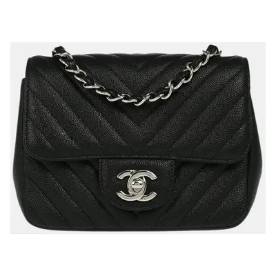 Chanel Black Calfskin Leather Chevron Mini Classic Square Flap Shoulder Bag