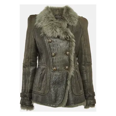 Balmain Green Genuine Leather Double Breasted Fur Collar Jacket