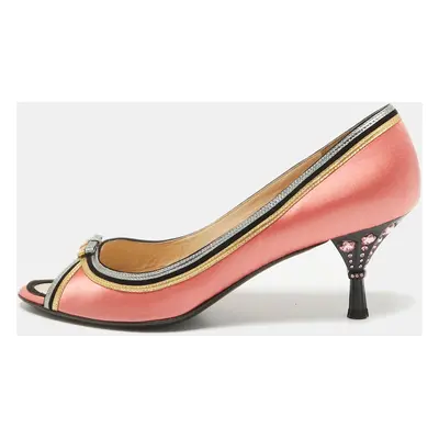 Prada Multicolor Leather and Satin Peep Toe Pumps Size