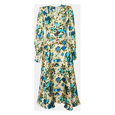 Gucci Cream/Blue Rose Print Silk Ruched Detail Long Dress