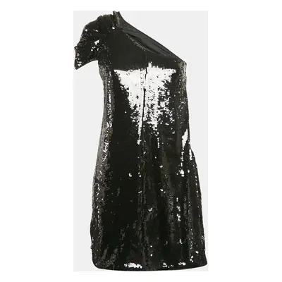 Emporio Armani Black Sequined Mesh One-Shoulder Mini Dress