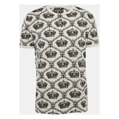 Dolce & Gabbana White Printed Cotton Knit Henley T-Shirt