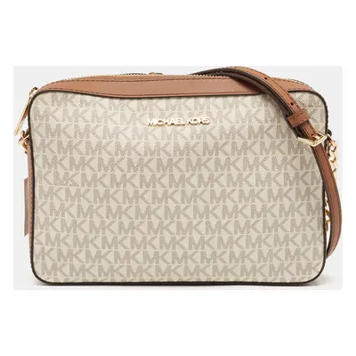 Michael Kors White/Brown Signature Coated Canvas and Leather Large Jet Set Crossbody Bag