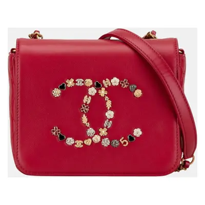 Chanel Red Lambskin Leather Coco Mark Heart Flower Chain Shoulder Bag