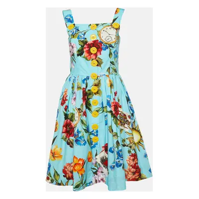 Dolce & Gabbana Blue Floral Print Cotton Sleeveless Midi Dress