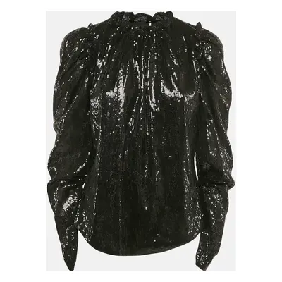 INGIE PARIS Black Sequin Crepe Ruffled Top