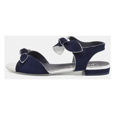 Chanel Navy Blue/Silver Suede Flat Sandals Size