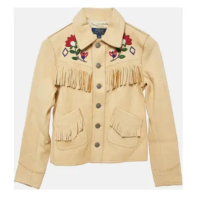 Polo Ralph Lauren Chamois Cream Bead Embellishment Leather Fringed Jacket Yrs