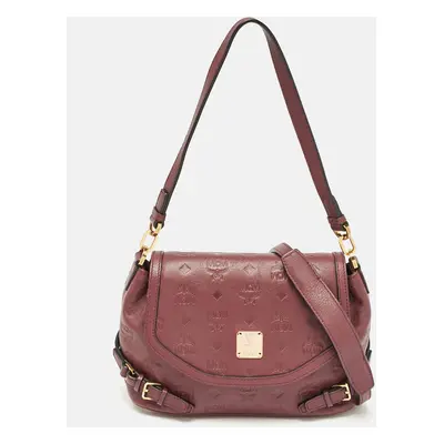 MCM Burgundy Embossed Leather Flap Top Handle Bag