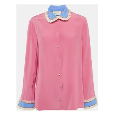 Gucci Pink Silk Contrast Trim Detail Ruffled Blouse