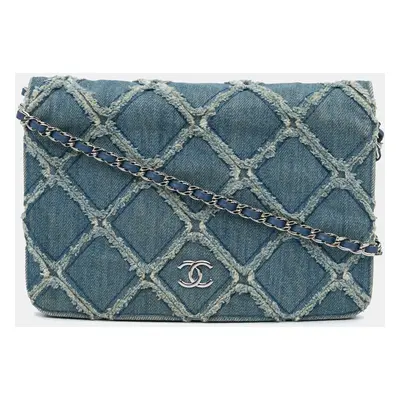 Chanel Blue Frayed Denim Wallet On Chain