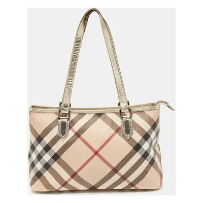 Burberry Gold/Beige Supernova Check PVC and Patent Leather Nickie Tote