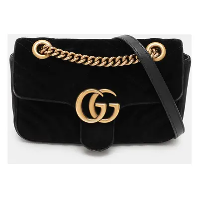 Gucci Black Matelassé Velvet Mini GG Marmont Shoulder Bag