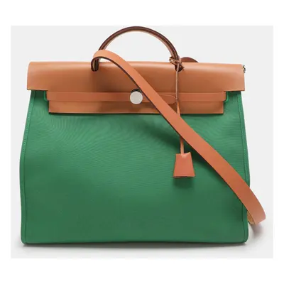 Hermès Natural/Green Toile Canvas and Vache Hunter Leather Herbag Zip Bag