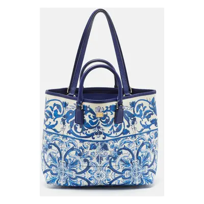 Dolce & Gabbana Blue/White Majolica Print Leather Miss Escape Tote