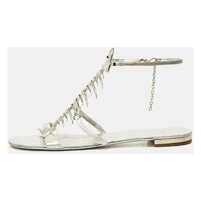 Giuseppe Zanotti Silver Leather Fishbone Embellished Ankle Strap Sandals Size