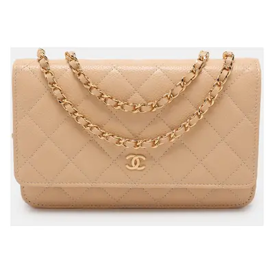 Chanel Beige Quilted Caviar Leather CC Wallet On Chain