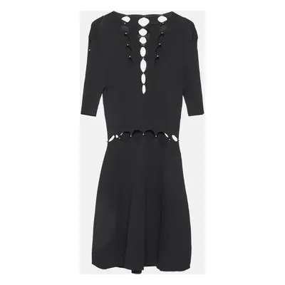 Maje Black Rib Knit Cut-Out Beaded Mini Dress