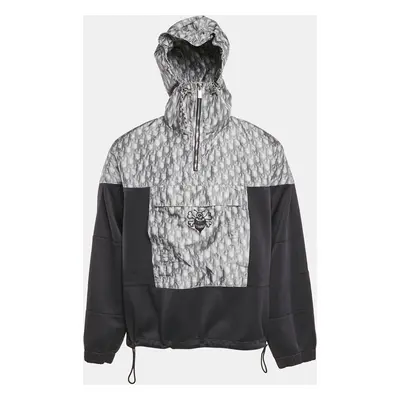 Dior Homme Black/Grey Blurred Oblique Print Knit and Crepe Anorak Hoodie