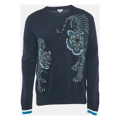 Kenzo Navy Blue Tiger Intarsia Wool Knit Sweater