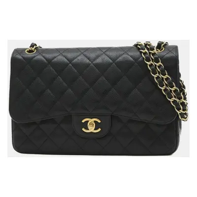 Chanel Black Caviar Leather Double Chain Shoulder Bag