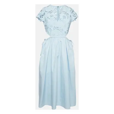 Self-Portrait Light Blue Floral Guipure and Cotton Cut-Out Detail Midi Dress