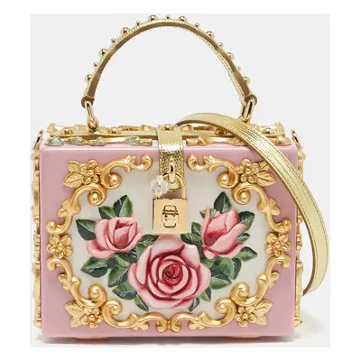 Dolce & Gabbana Pink/Gold Roses Baroque Acrylic Dolce Box Top Handle Bag