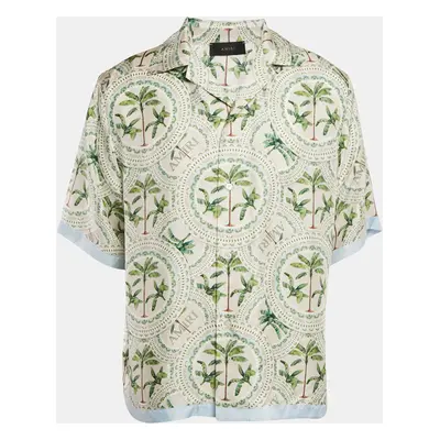 Amiri Alabaster White Palm Print Silk Bowling Shirt