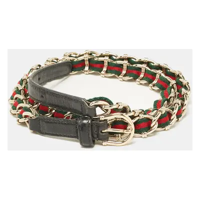 Gucci Black Leather and Web Canvas Chain Detail Slim Buckle Belt 95CM