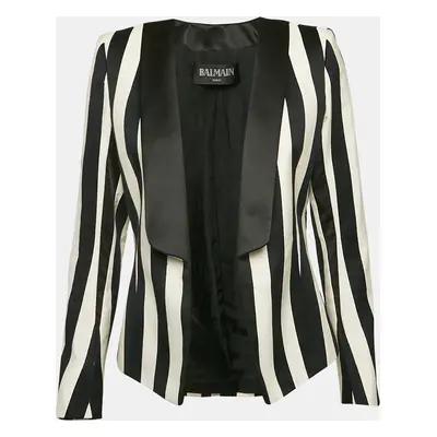 Balmain Black/White Stripe Cotton Blend Open Front Blazer