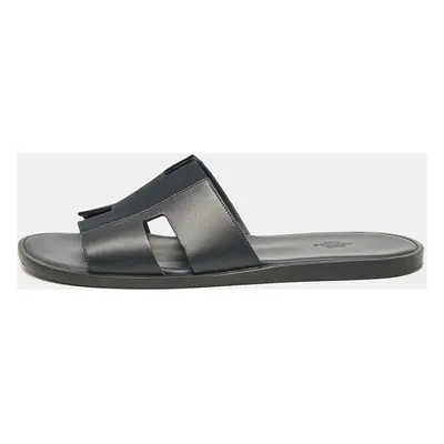 Hermes Navy Blue Leather and Canvas Izmir Flat Slides Size