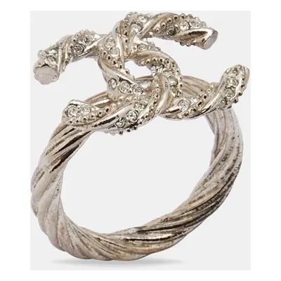 Chanel Gunmetal Tone Crystal Embellished CC Twist Ring EU