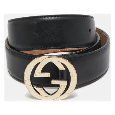 Gucci Black Leather Interlocking G Buckle Belt 85CM