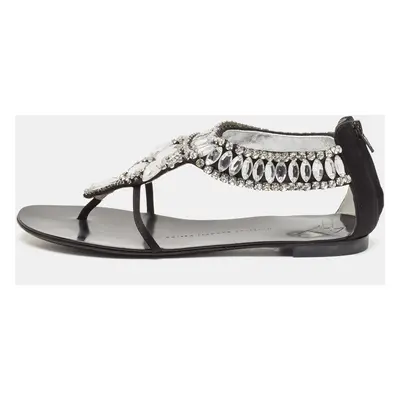 Giuseppe Zanotti Black Satin Crystal Embellished Ankle Strap Flat Sandals Size 36.5