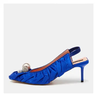 Rochas Blue Satin Crystal Embellished Slingback Pumps Size