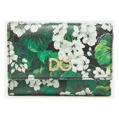 Dolce & Gabbana Green Floral Printed Leather DG Crystals Trifold Wallet