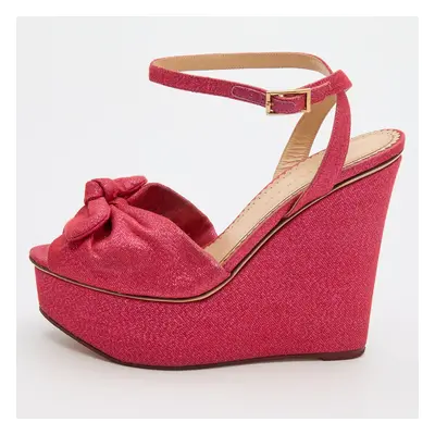 Charlotte Olympia Pink Glitter Fabric Velour Wedge Platform Sandals Size