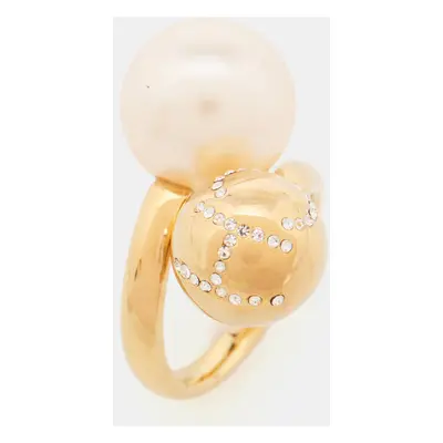 Carolina Herrera CH Crystals Faux Pearl Gold Tone Ring Size