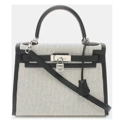 Hermes White Toile Quadrille Leather Kelly Tote Bag