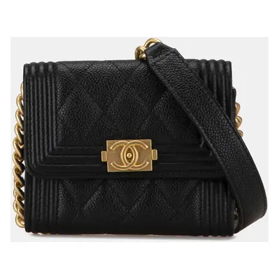 Chanel Black Quilted Caviar Boy Card Holder with Chain