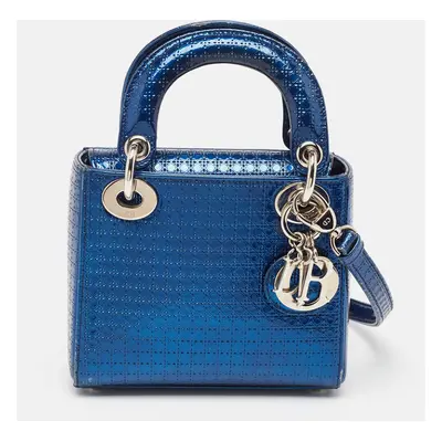 Dior Metallic Blue Microcannage Patent Leather Mini Lady Dior Tote