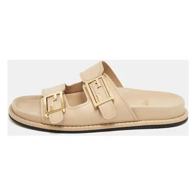 Fendi Beige Leather FF Buckle Flat Slides Size 37.5